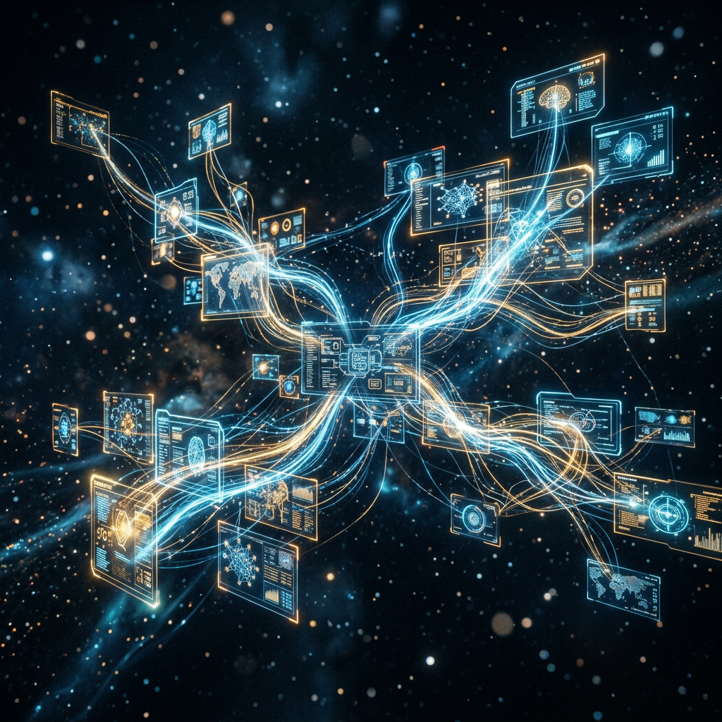 Glowing digital interfaces connected by flowing data streams in a dark space