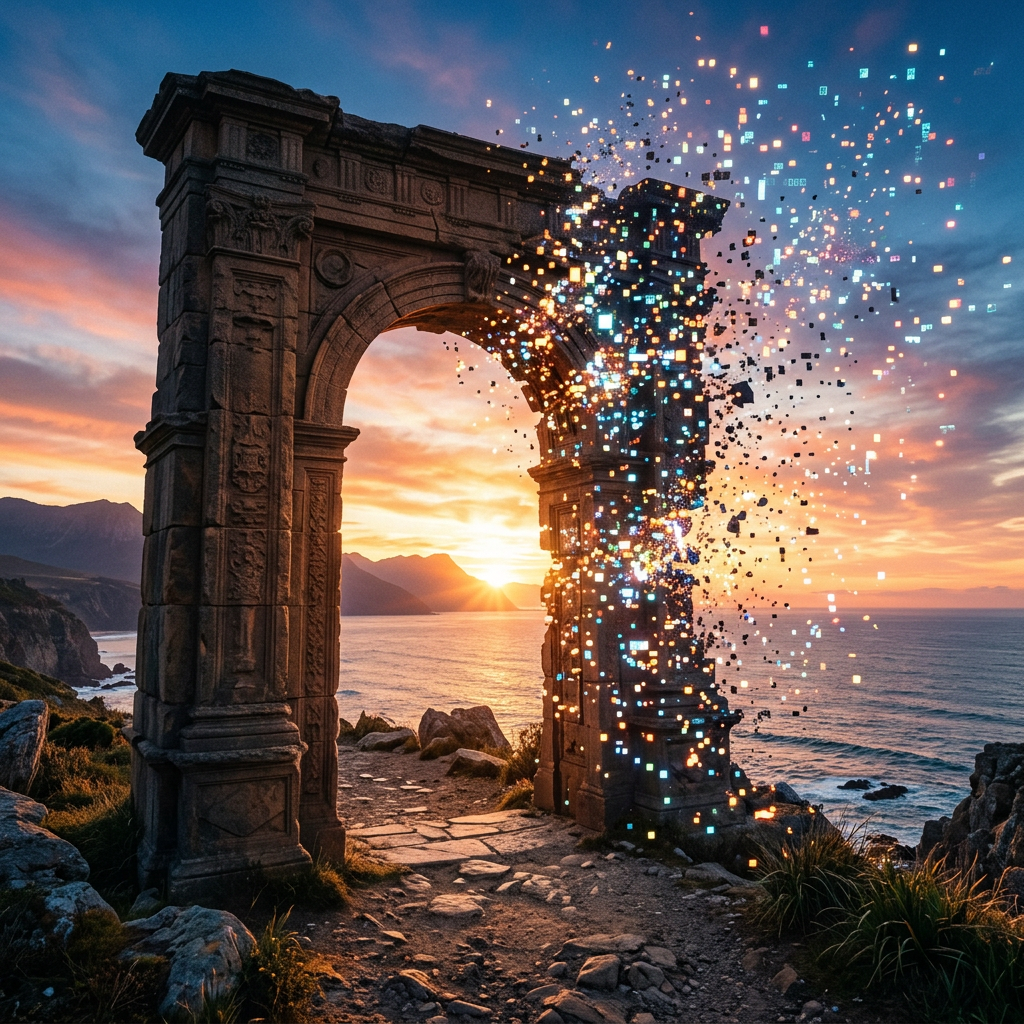 Stone arch dissolving into colorful digital pixels near sunset over ocean