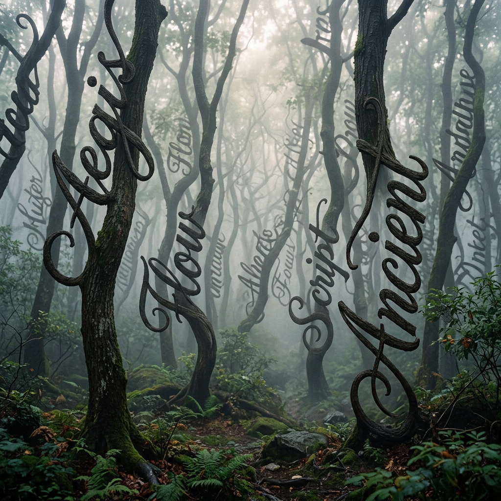 Foggy forest with trees twisted into calligraphic words