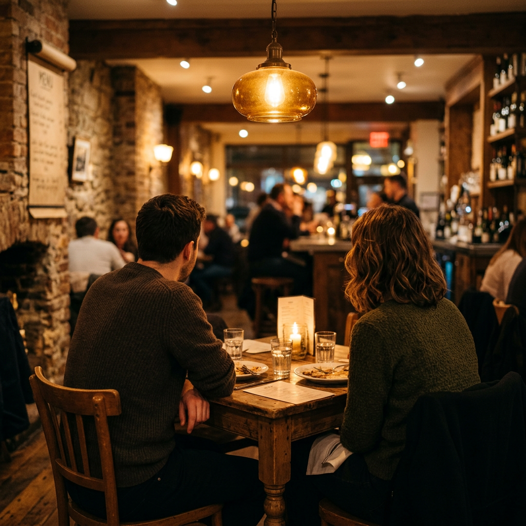 Couple sitting at a wooden table in a warmly lit rustic restaurant