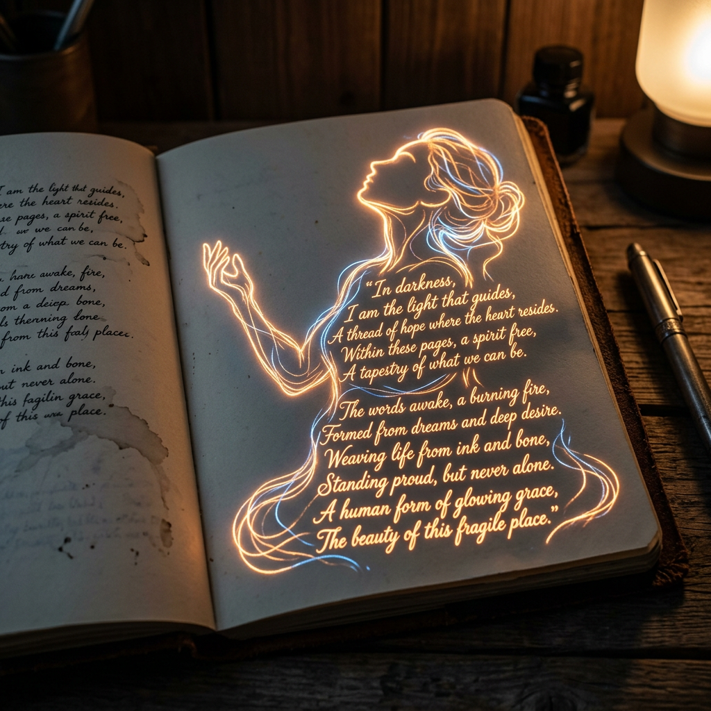 Open book showing a glowing outline of a woman and a poem about light and hope
