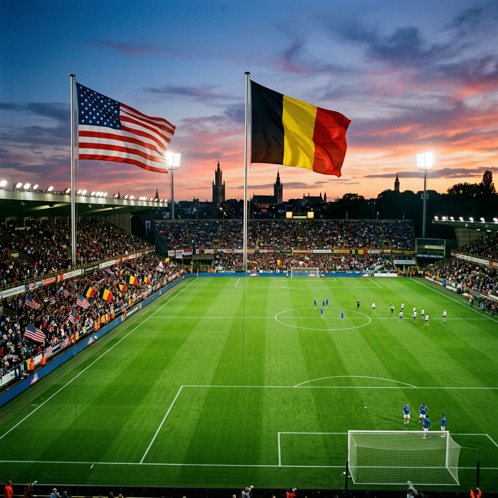 Soccer stadium with American and Belgian flags and fans at sunset