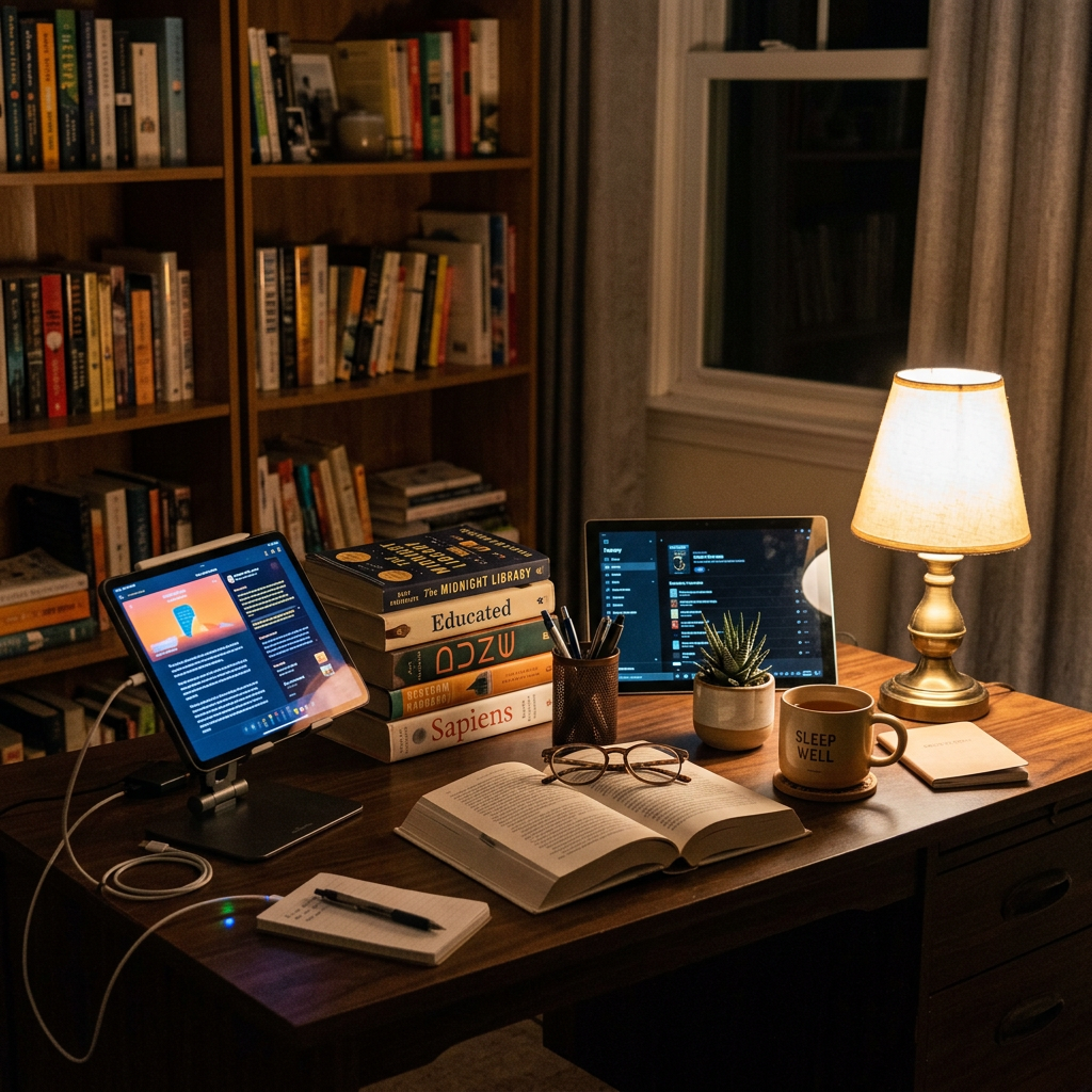 Study desk with open book, tablets, stack of books, lamp, coffee mug, and glasses