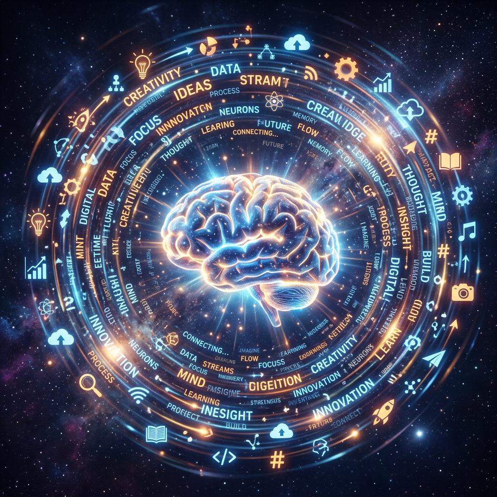 Glowing digital brain with surrounding words like creativity, data, innovation, and icons