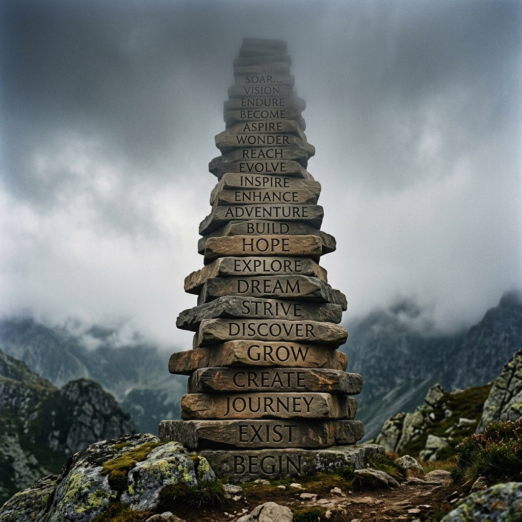 Stack of stones engraved with inspiring words like 'begin', 'hope', 'dream' in a mountainous area