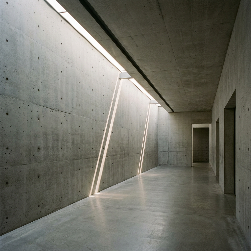 Long empty concrete hallway lit by linear skylights casting shadows