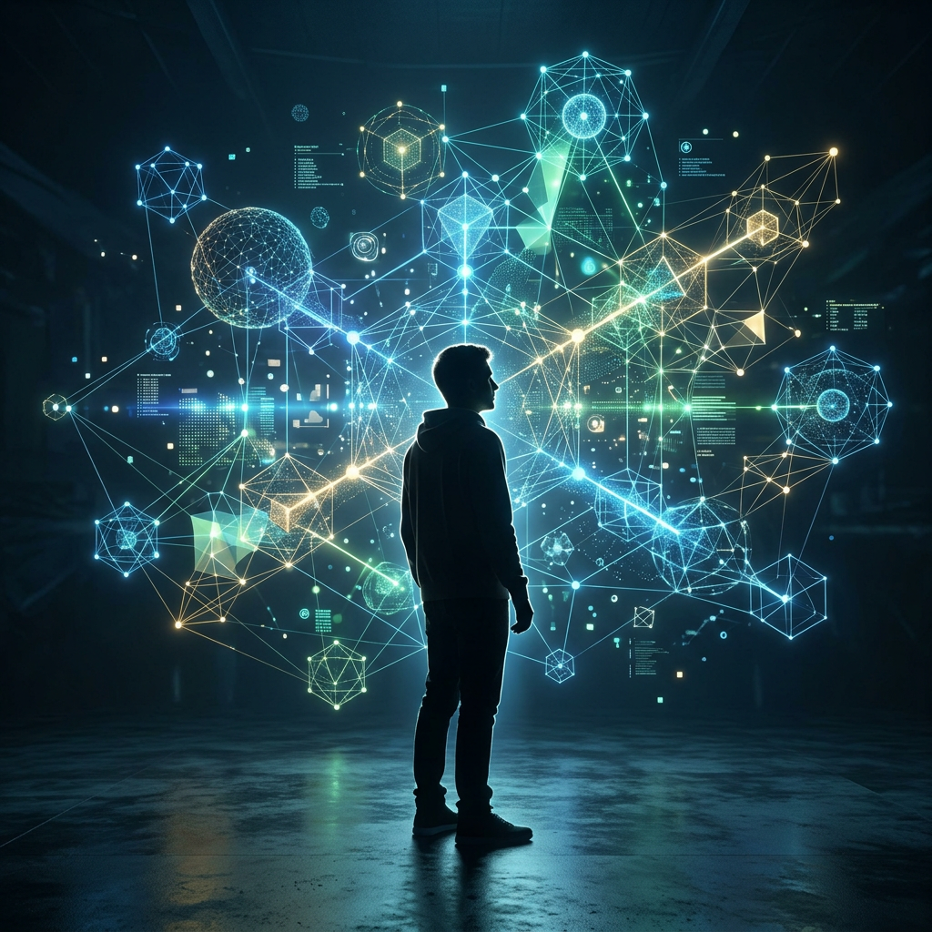 Silhouette of a person standing before a large holographic network with glowing interconnected nodes and data