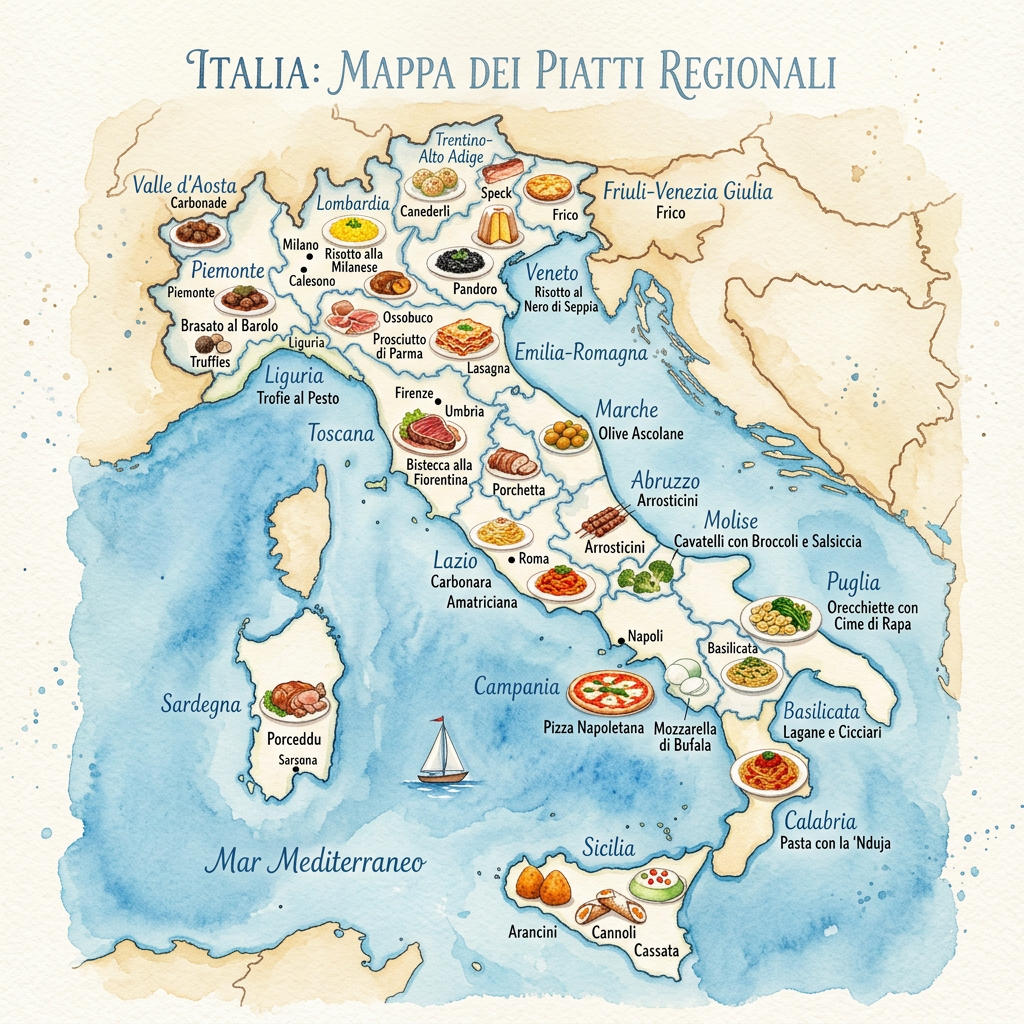 Map of Italy highlighting regional dishes like Carbonade, Risotto alla Milanese, Lasagna, Pizza Napoletana, and Cannoli