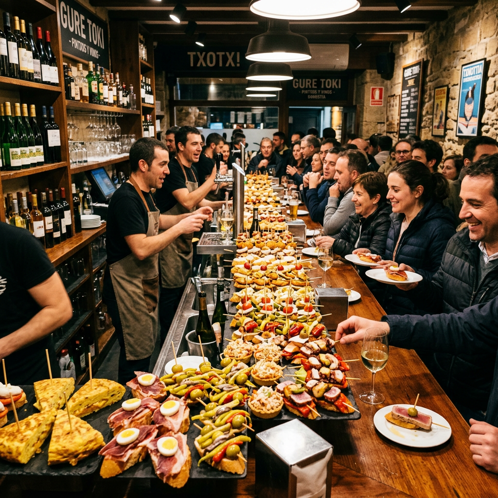Crowded Basque bar with pintxos and drinks served on a long wooden counter