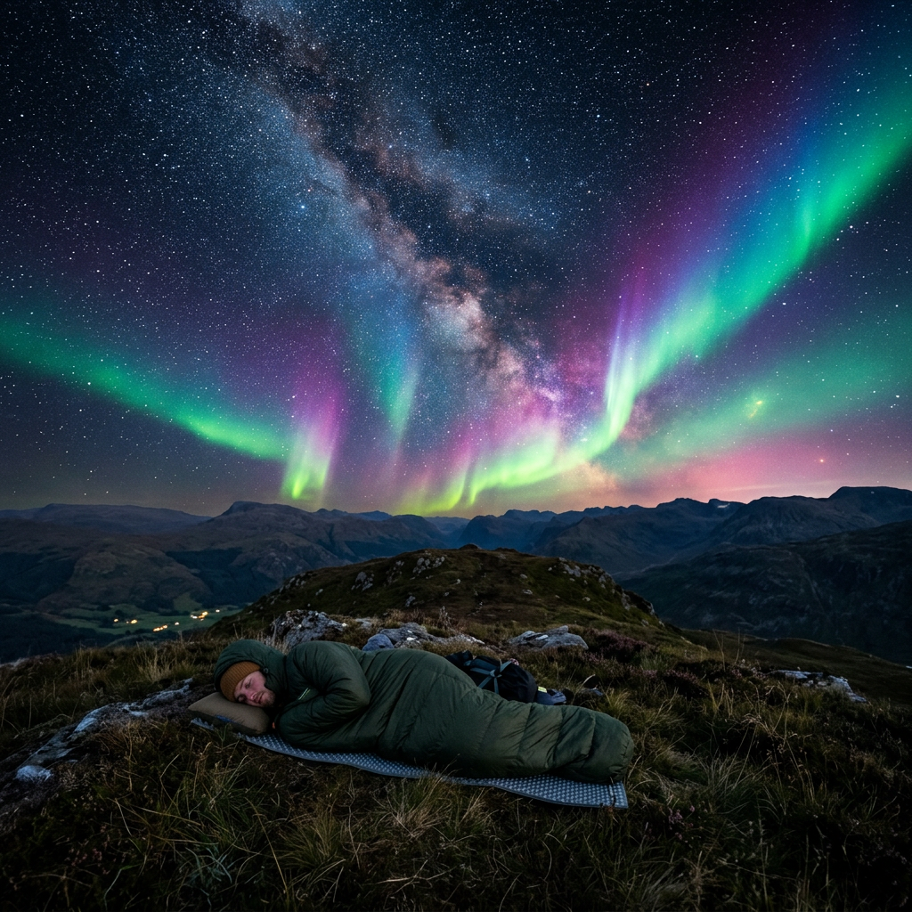 Person sleeping in a sleeping bag on a grassy hill under northern lights and a star-filled night sky
