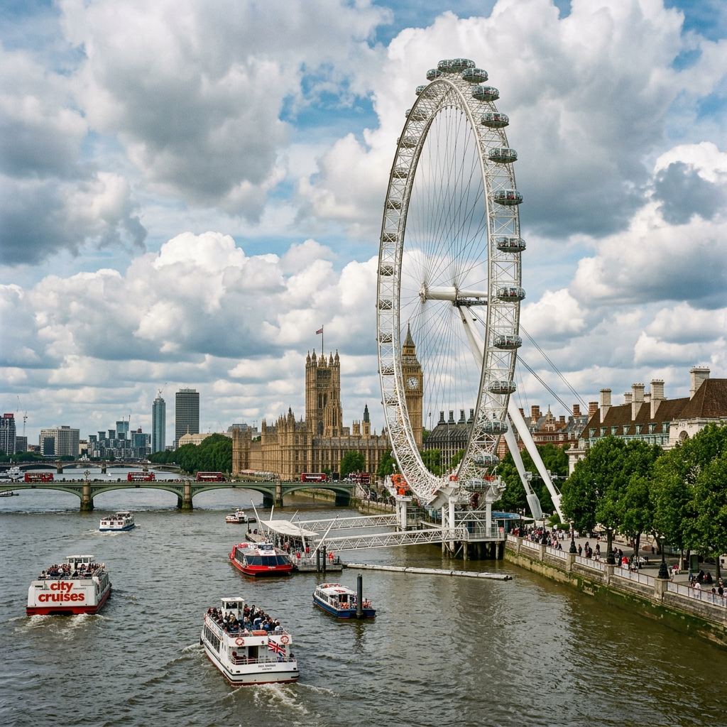 London Eye ferris wheel next to the Thames River with tour boats and city skyline