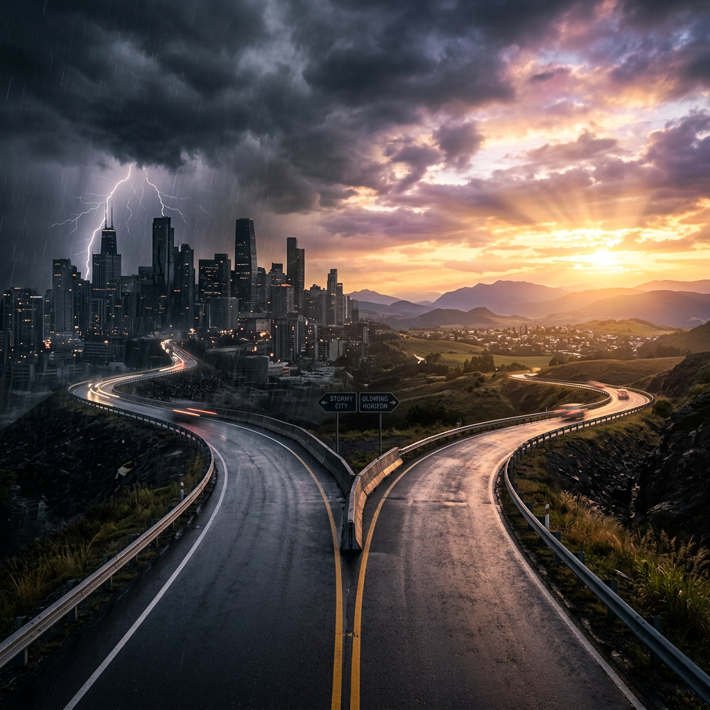 A wet forked road with one side leading to a dark city with lightning and rain, the other to a bright countryside sunset