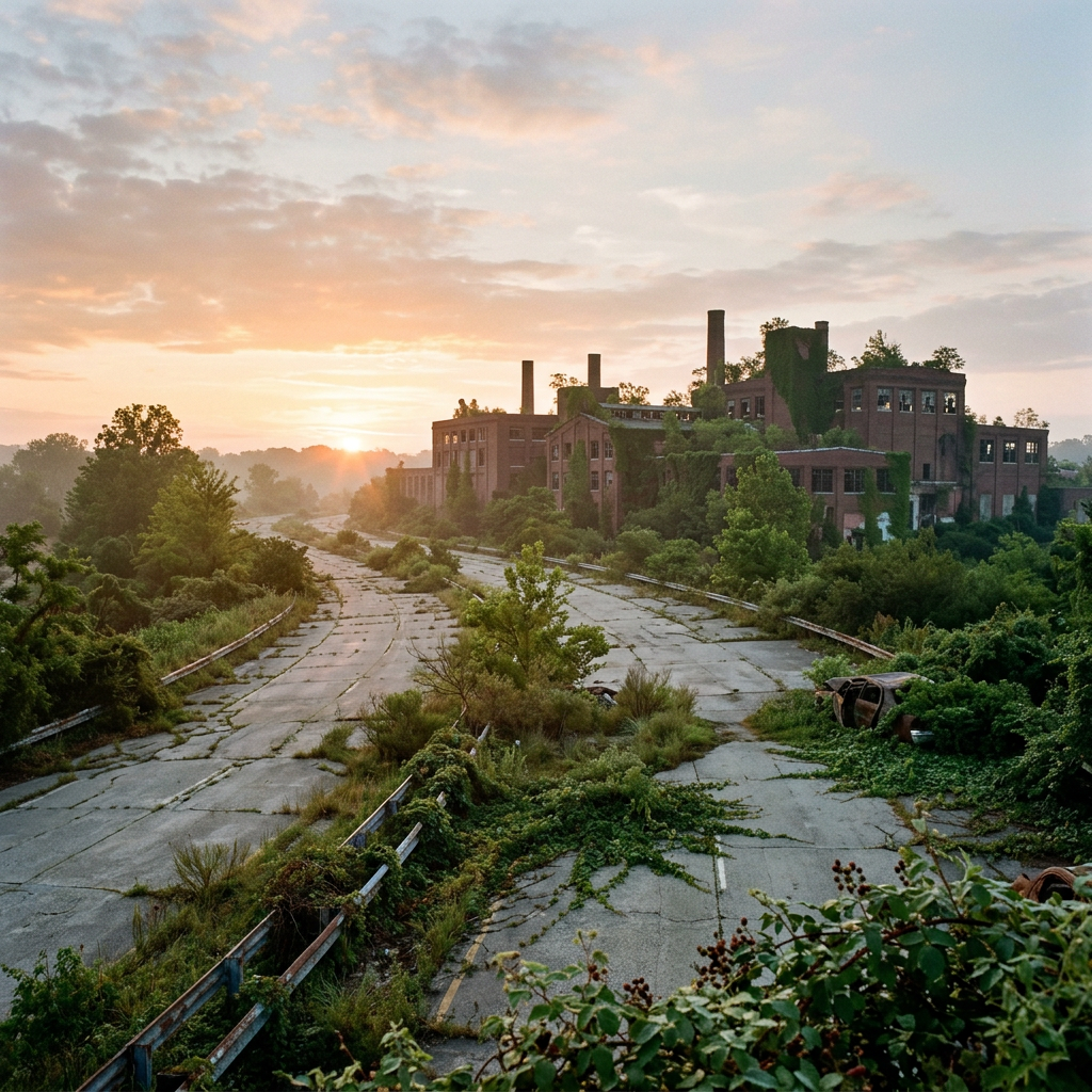 Overgrown abandoned factory and cracked highway at sunrise