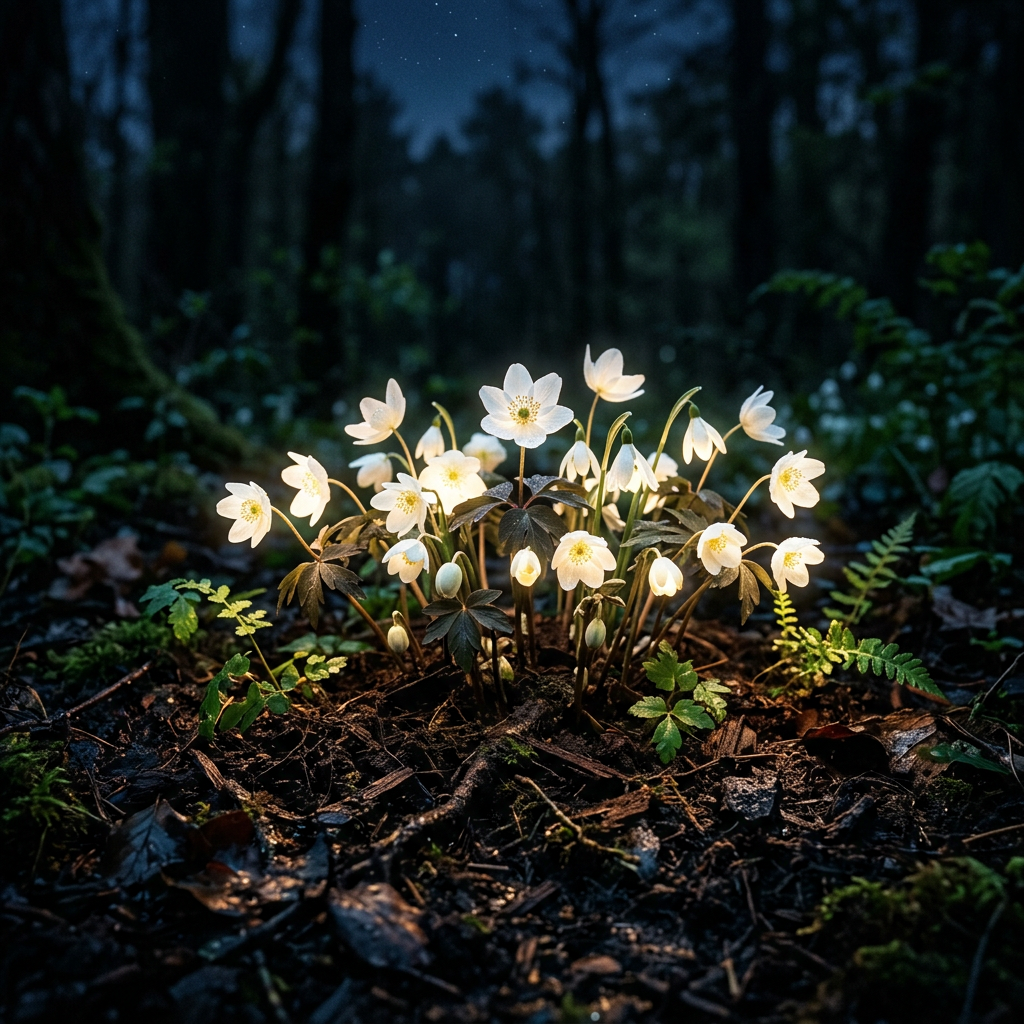 White flowers glowing softly on forest ground at night