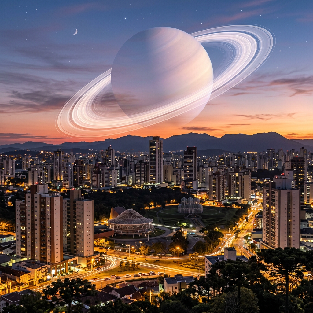 City skyline at sunset with a large Saturn planet and rings in the sky