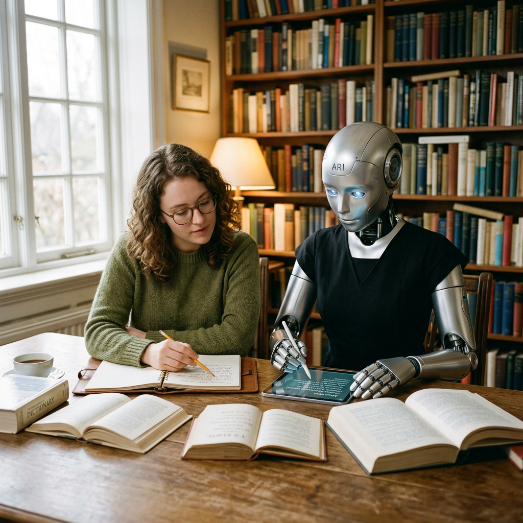 Young woman and humanoid robot studying together at a table with open books and a tablet in a library