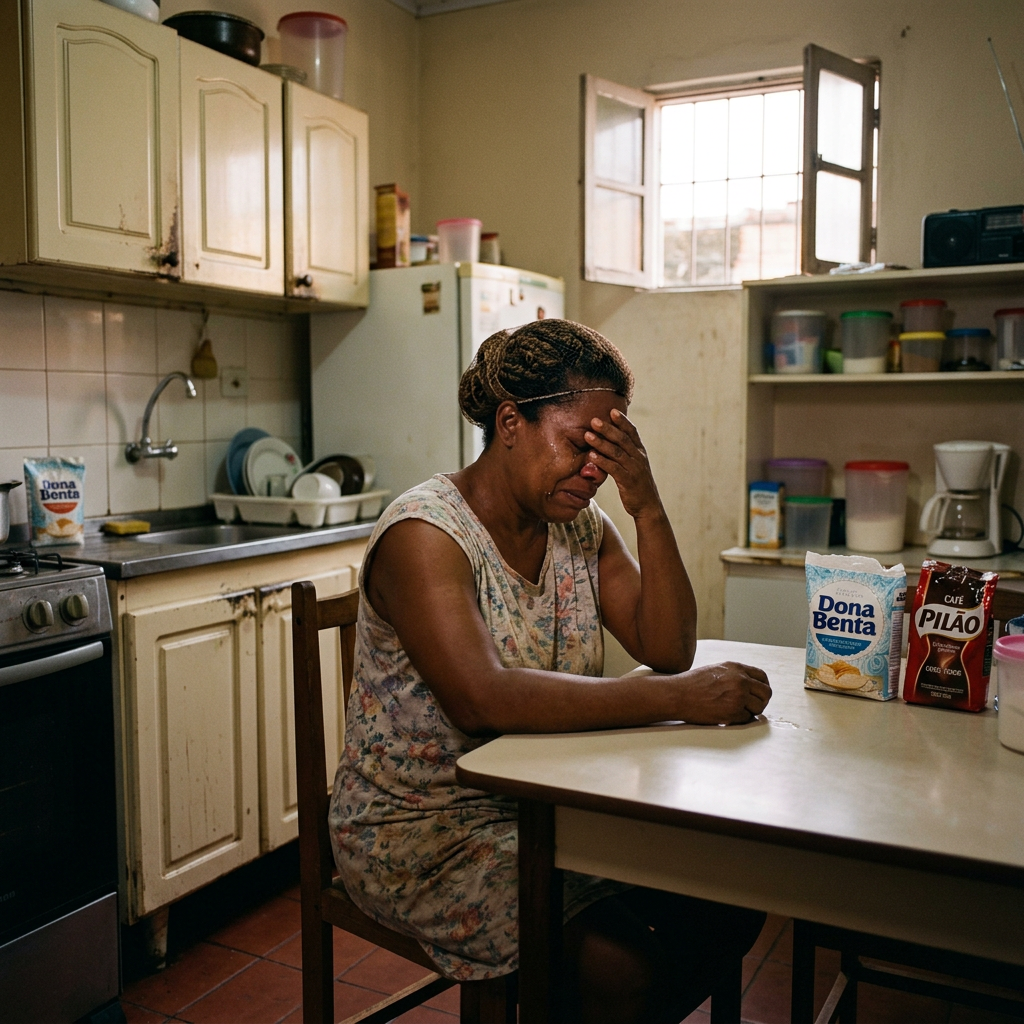 Woman sitting at kitchen table, crying with hand on forehead