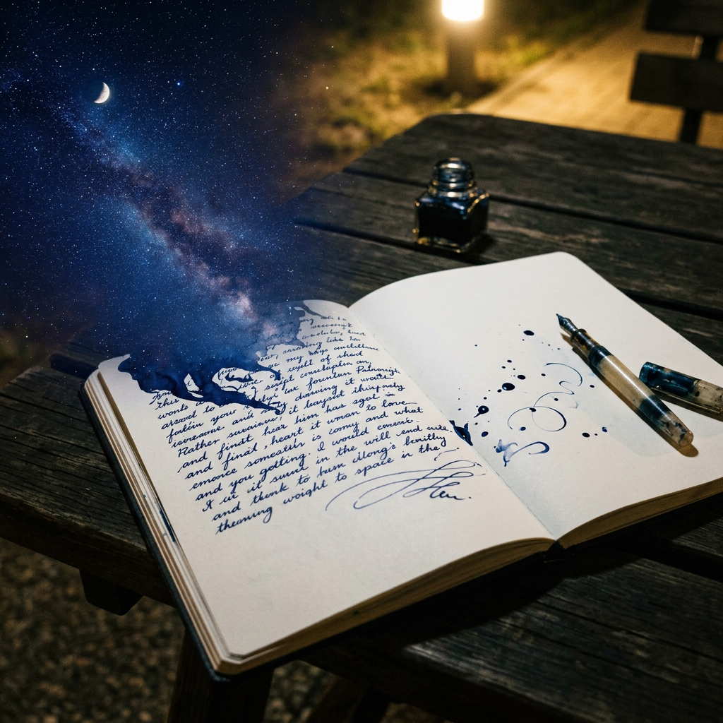 Open notebook with handwritten text and ink flowing into a galaxy and crescent moon