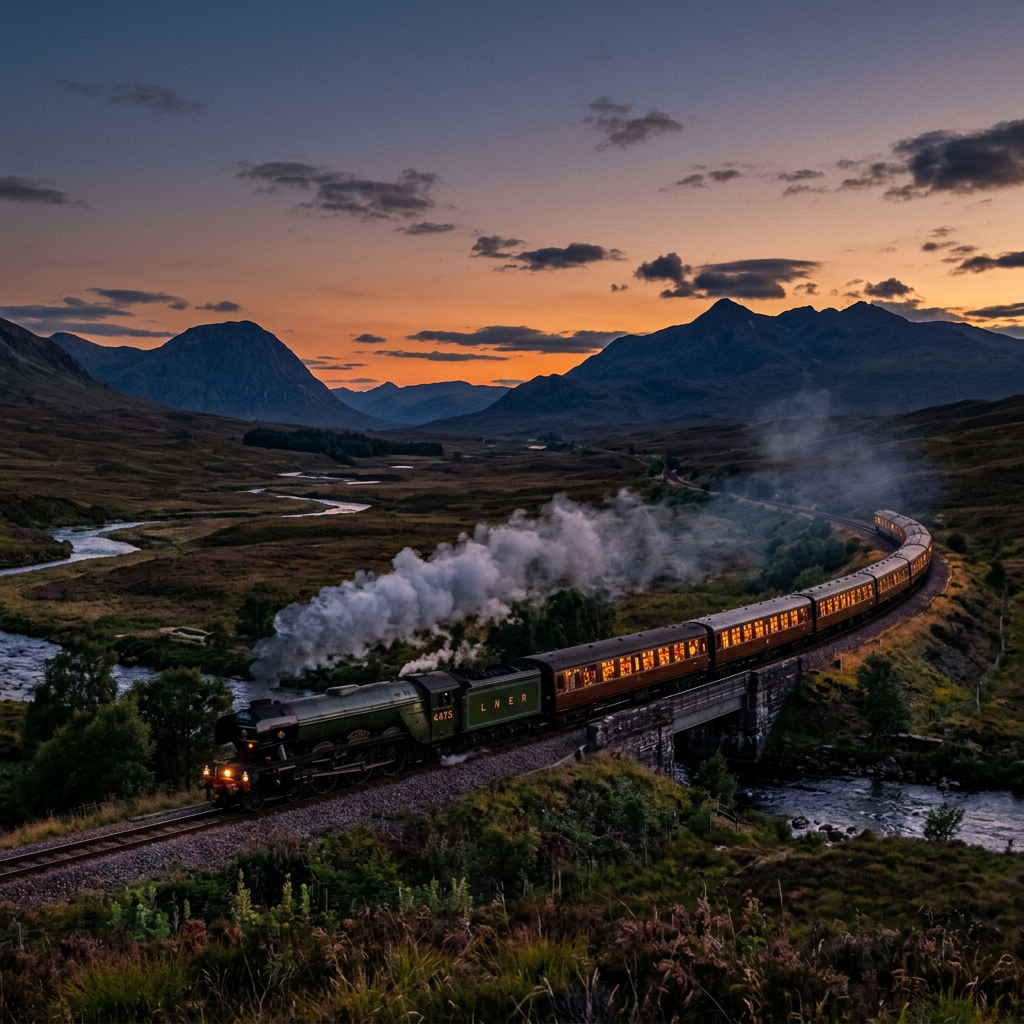 Steam locomotive pulling passenger cars over a bridge with mountains and a river in the background at sunset