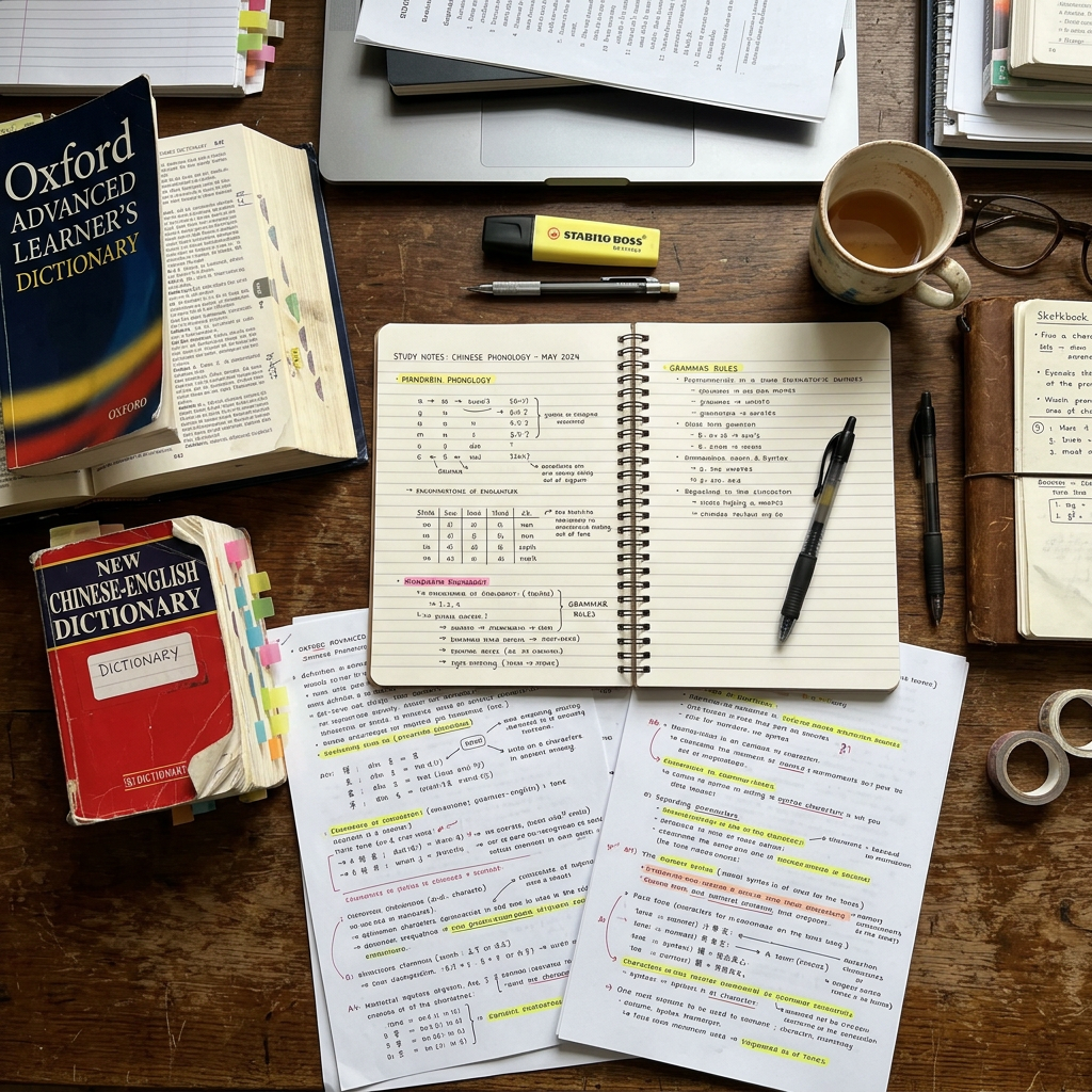 Overhead desk with notebooks, dictionaries, annotated notes