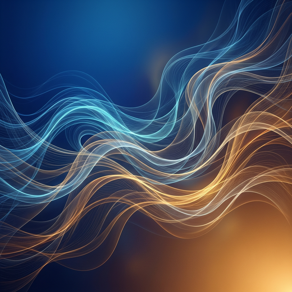 Intertwining flowing light waves in blue and orange on a dark background