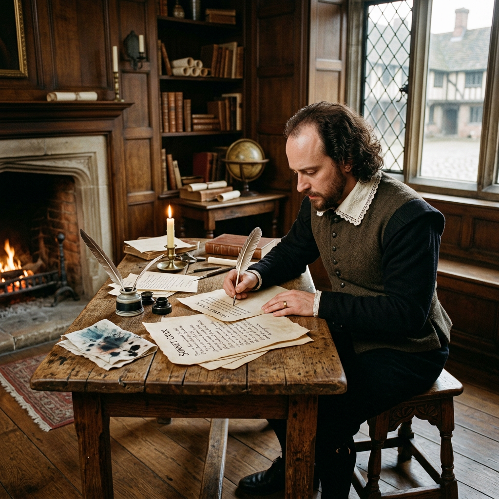 Man in historical clothing writing with quill pen on parchment by candlelight indoors