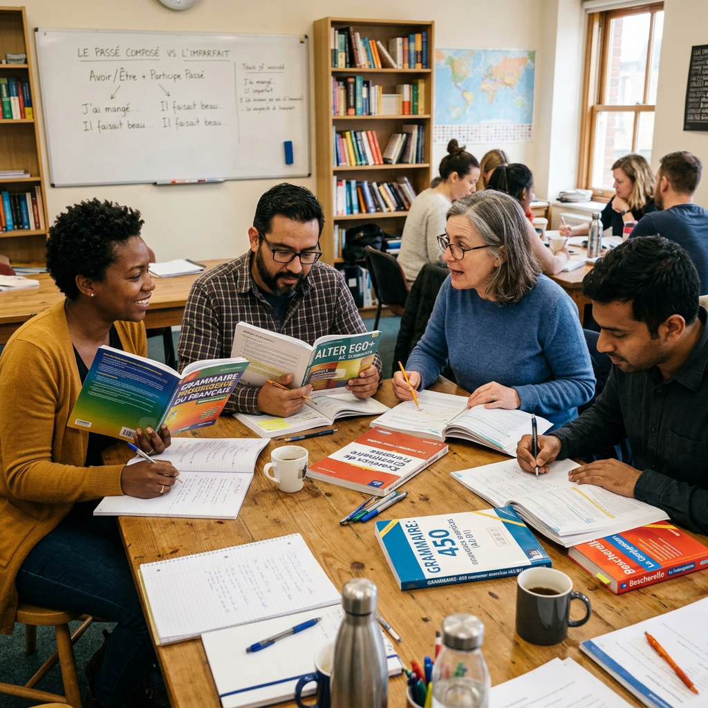 Four adults sitting around a table studying French with textbooks and notebooks