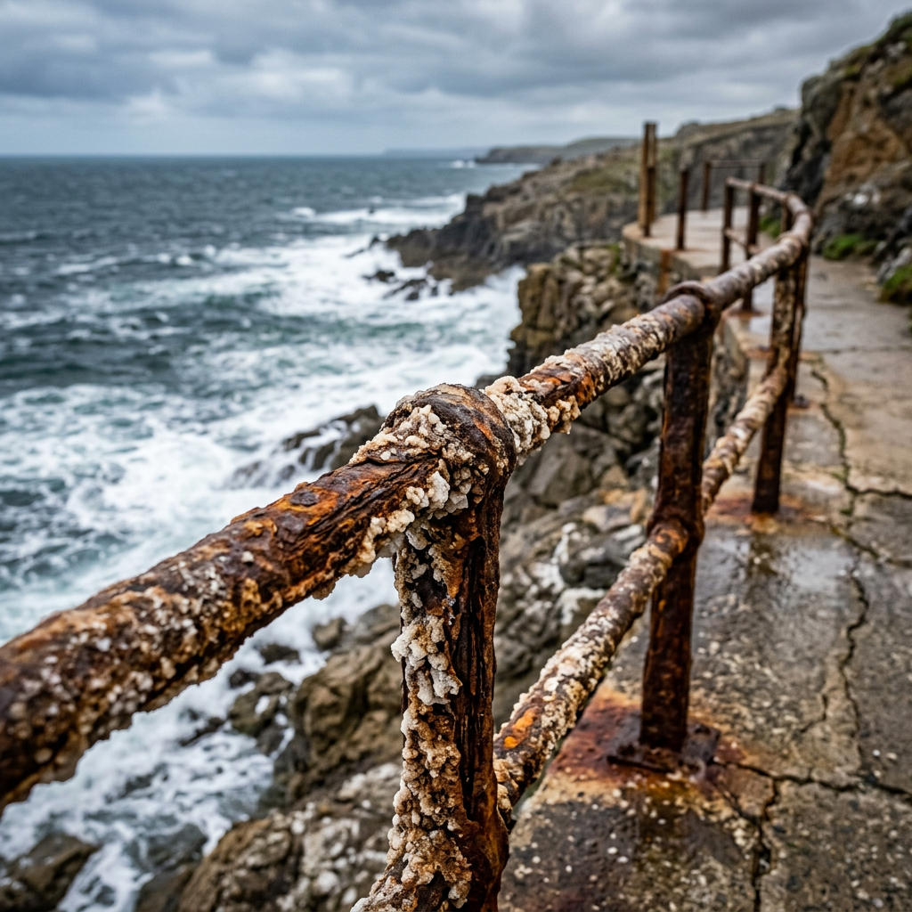 Rusty metal railing covered in barnacles along rocky ocean coastline path