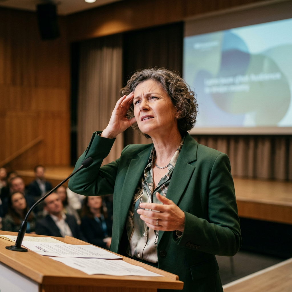 Woman in green blazer at podium looking confused during presentation