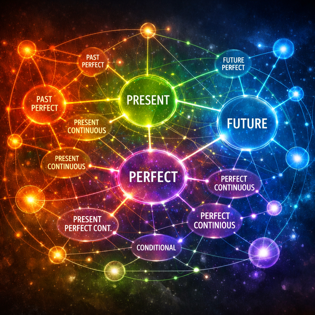 Diagram showing connections among English verb tenses including past perfect, present continuous, perfect, and future perfect