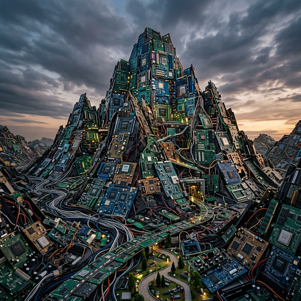Large mountain-shaped pile of electronic circuit boards and cables at sunset