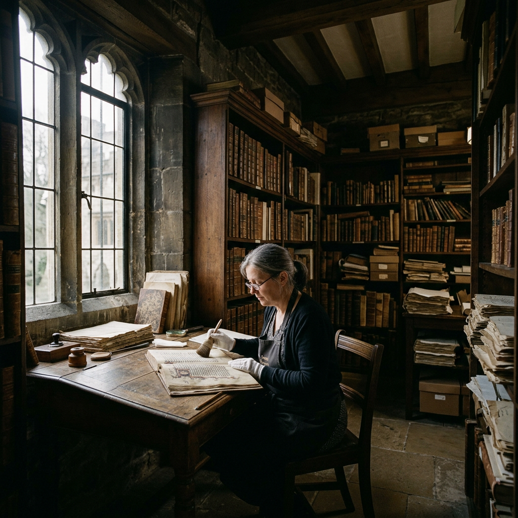 Conservator restoring ancient manuscript in historic library