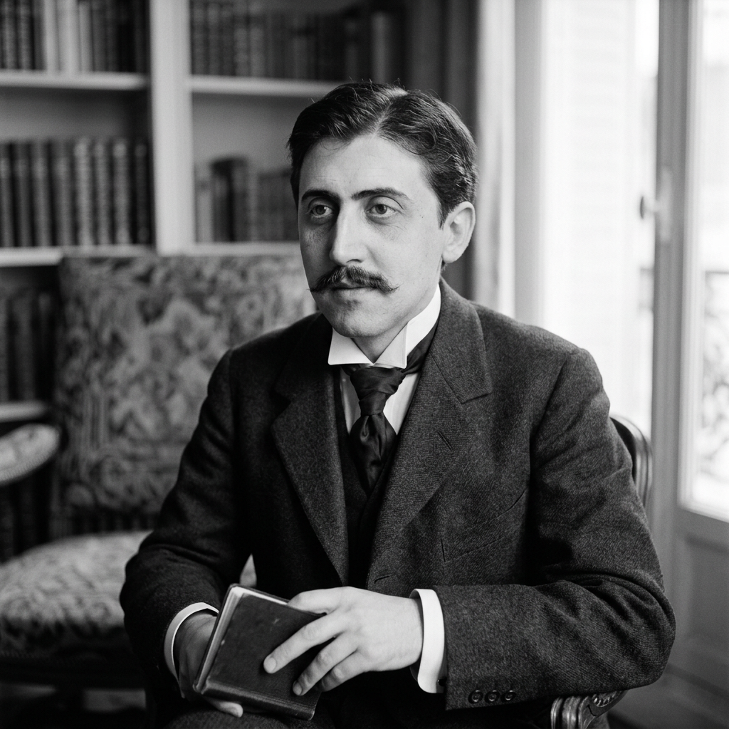 Man in early 20th century attire holding a small book in a room with bookshelves