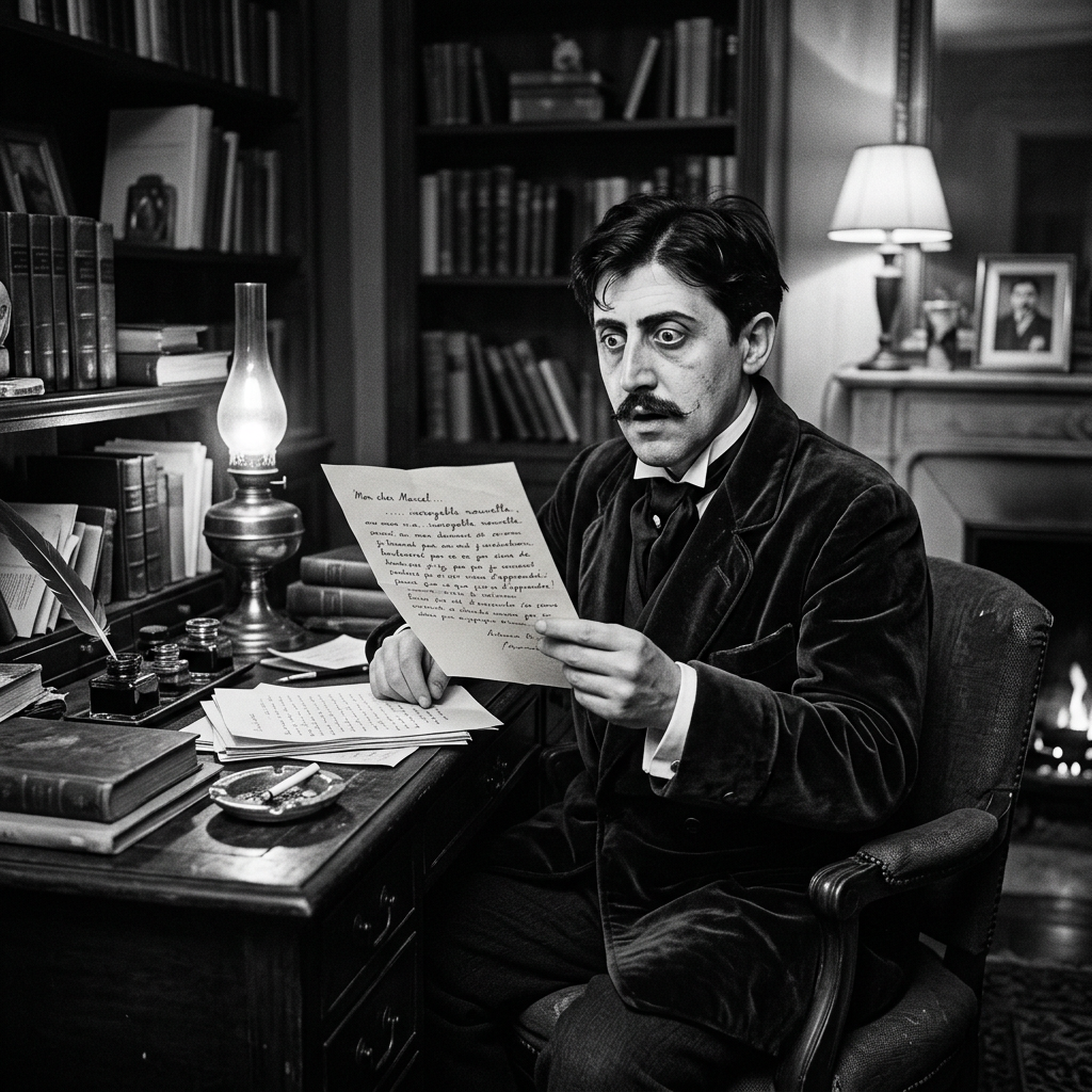 Man in 19th-century attire reading a handwritten letter at a desk with books and an oil lamp