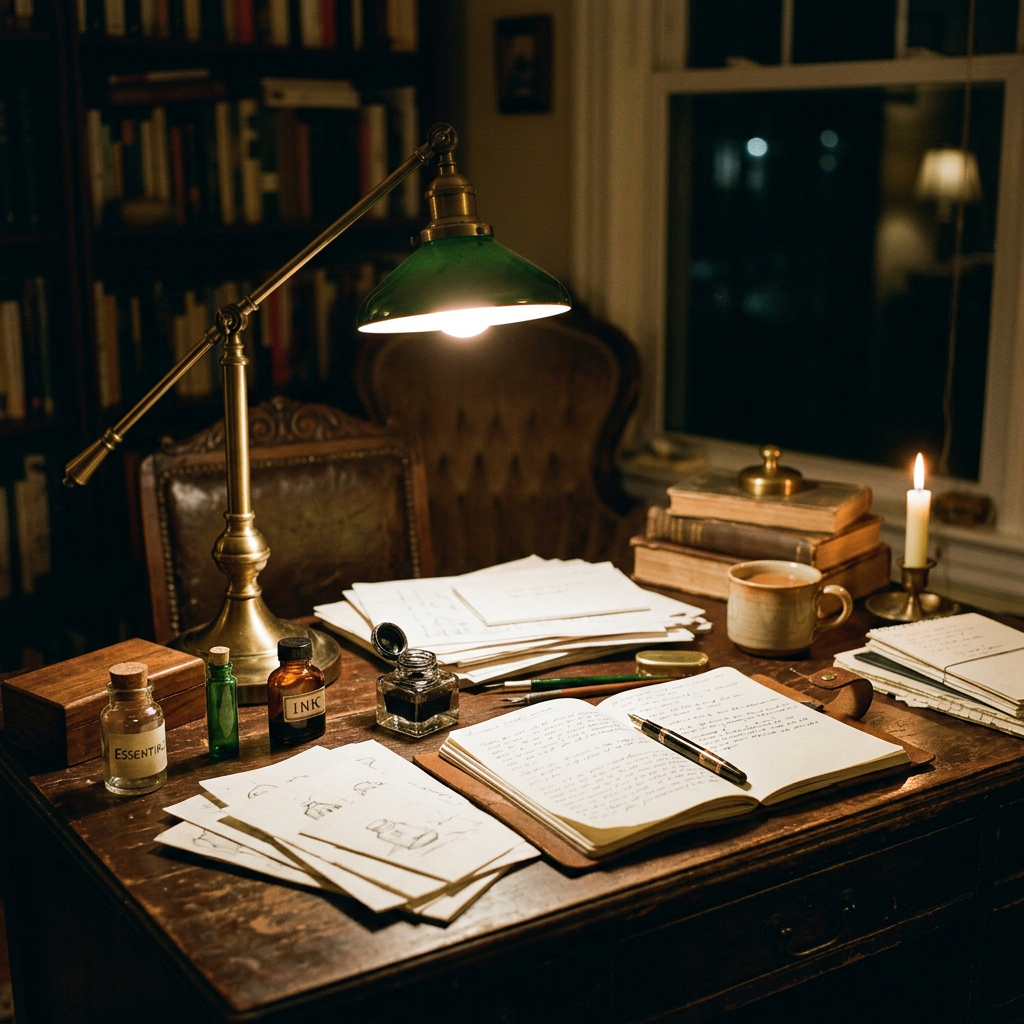 Vintage wooden desk with open notebooks, ink bottles, lamp, and candle