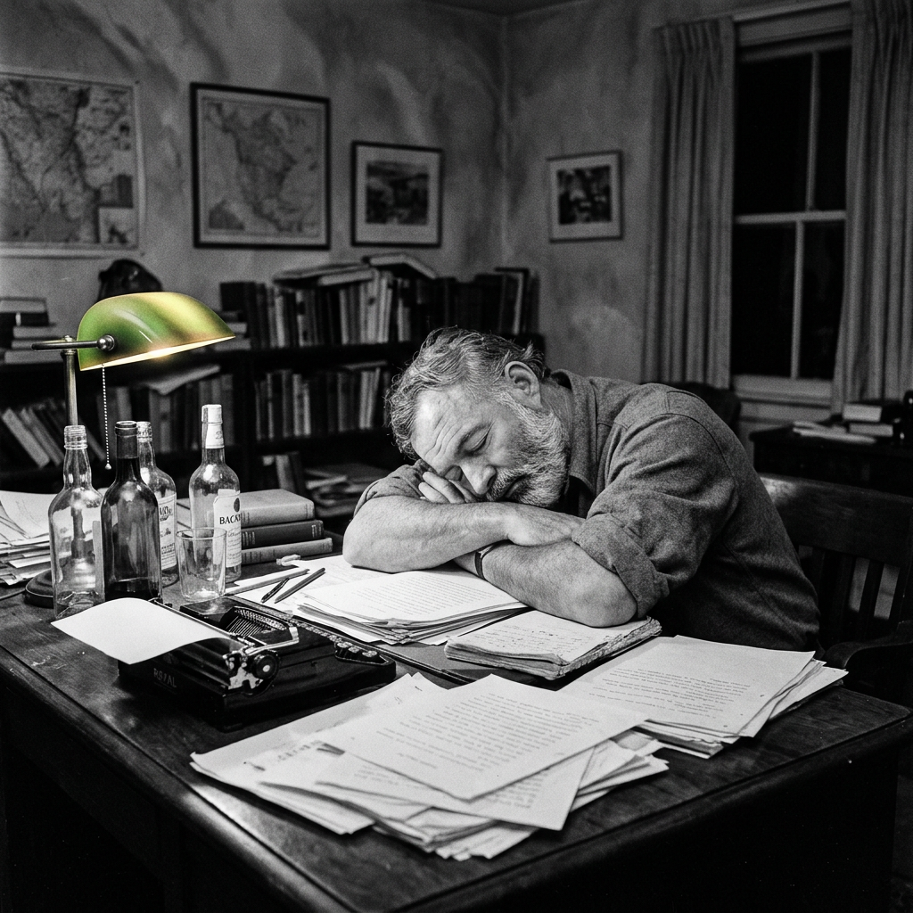 Bearded man asleep with head on arms at desk covered with papers, typewriter, and bottles