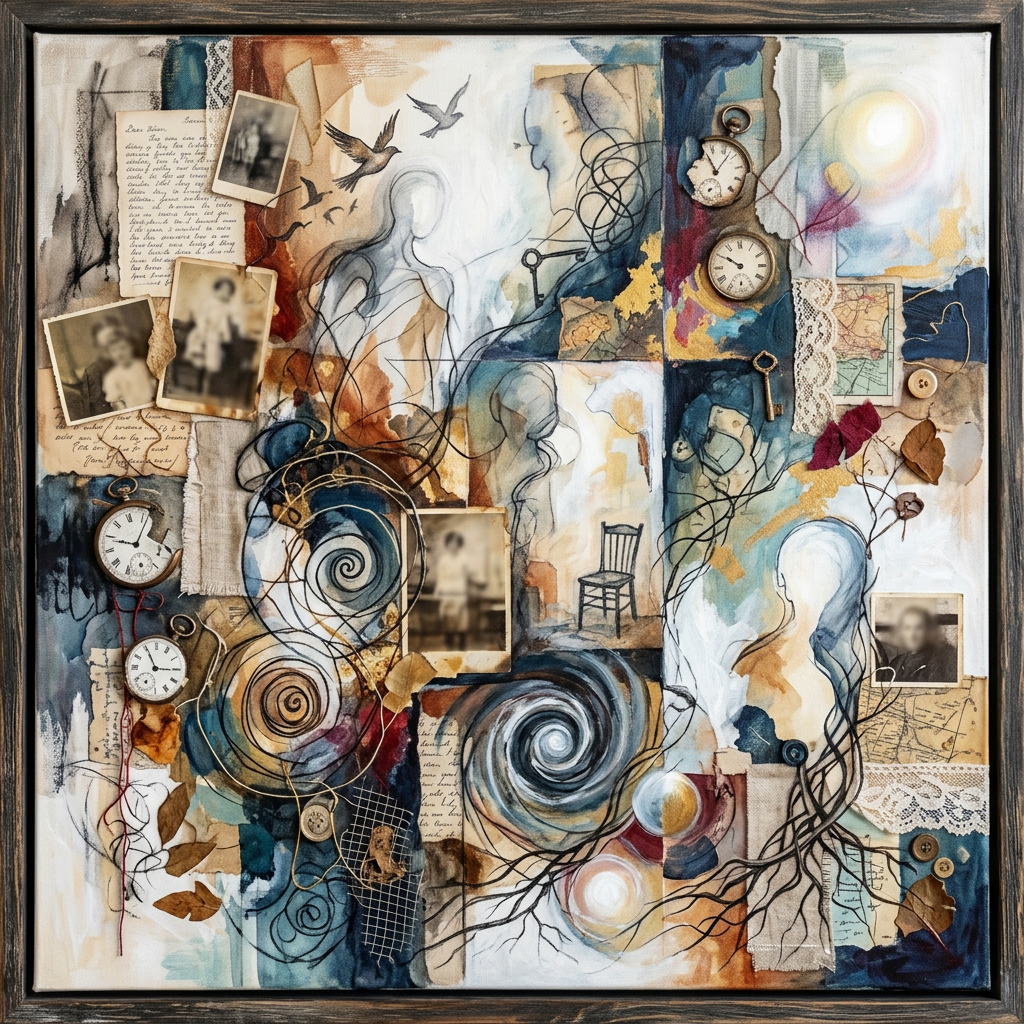 collage of faded photographs, pocket watches, abstract human figures, spirals, keys, and vintage paper fragments