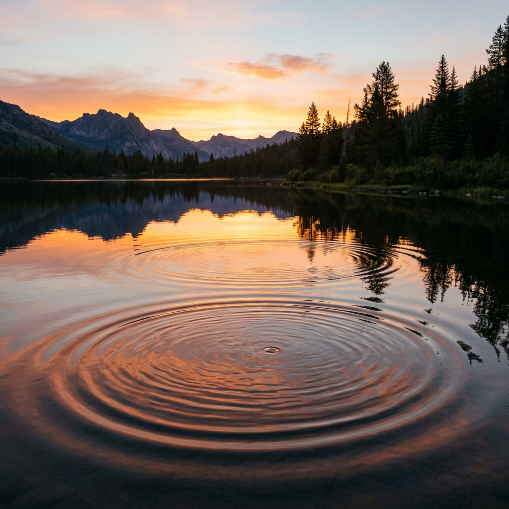 Ripples on a mountain lake reflecting a colorful sunset with trees and mountains in background