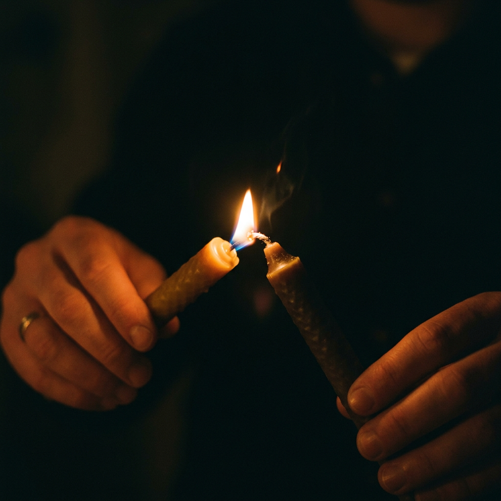 Hands holding two candles, one candle lighting the other