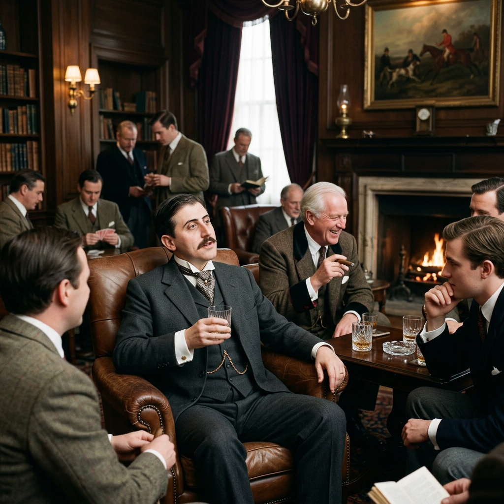 Several men in vintage suits conversing and drinking whiskey in a wood-paneled lounge with fireplace
