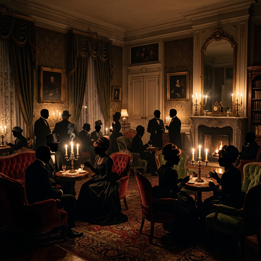 Victorian-era people socializing indoors by candlelight around tables and fireplace