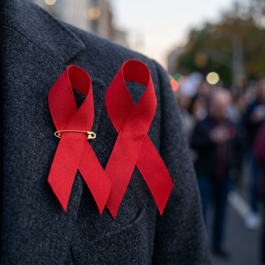 Two red HIV/AIDS awareness ribbons pinned to a dark gray coat