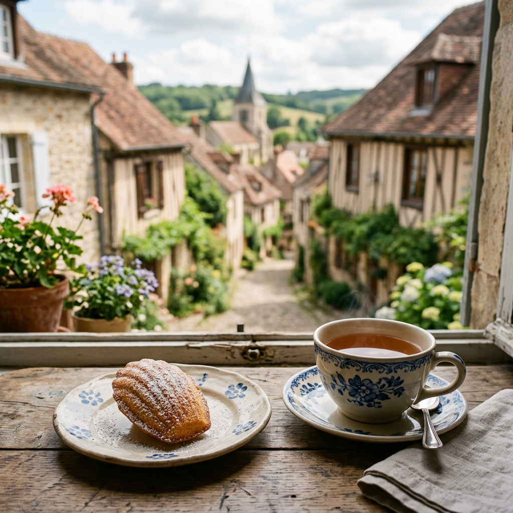 Cup of tea and madeleine on a wooden table by an open window with view of a French village street