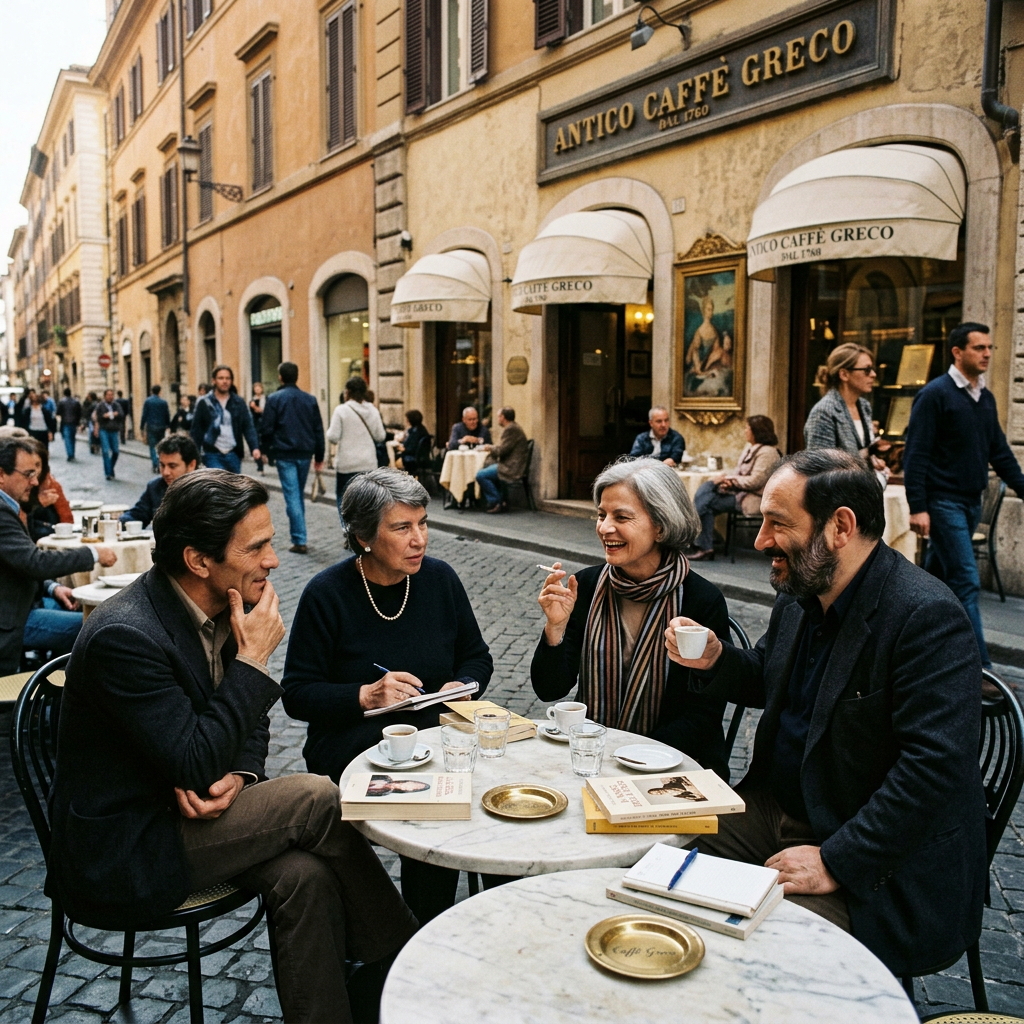 Four adults sitting at a round marble table outdoors at Antico Caffe Greco, drinking coffee and talking