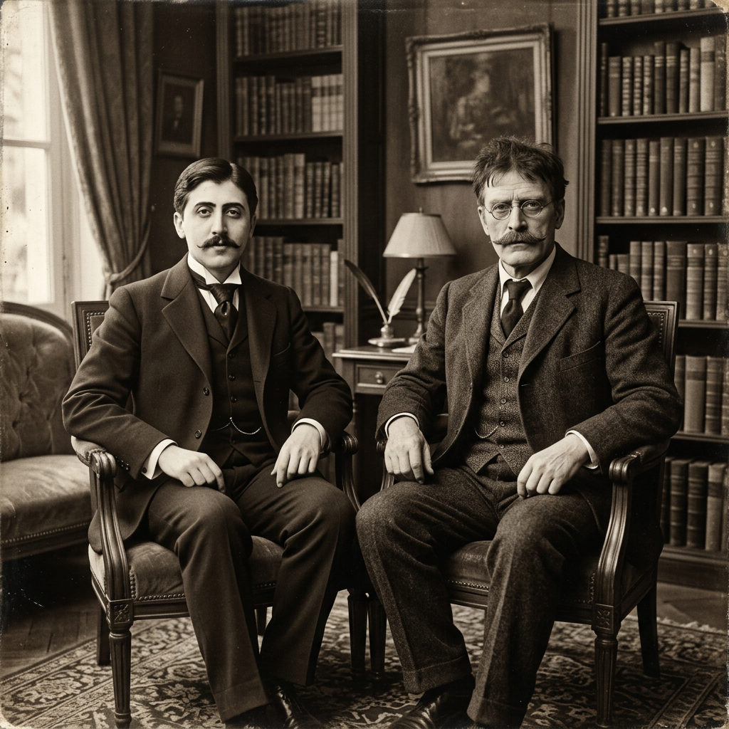 Two men seated in armchairs in a wood-paneled library with bookshelves.