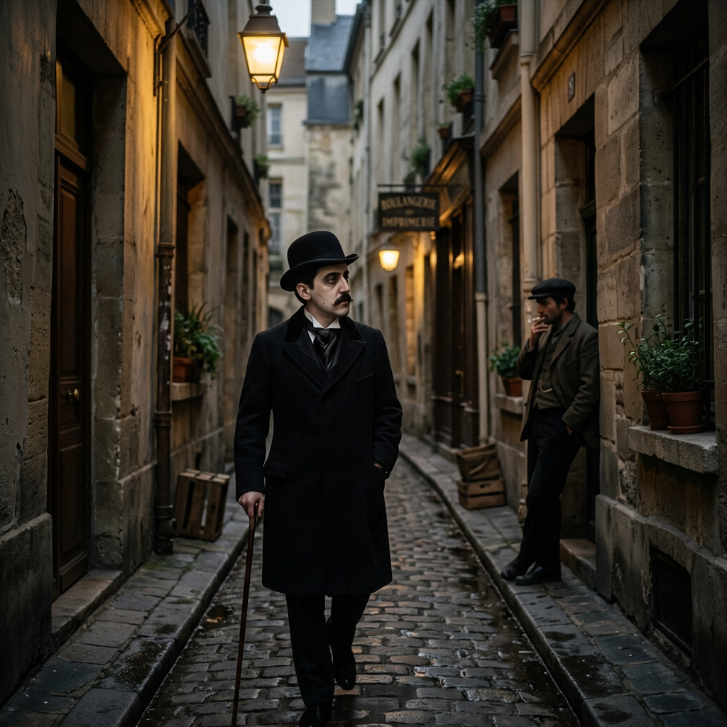 Man in black coat and bowler hat walking with cane on cobblestone street, another man smoking against building