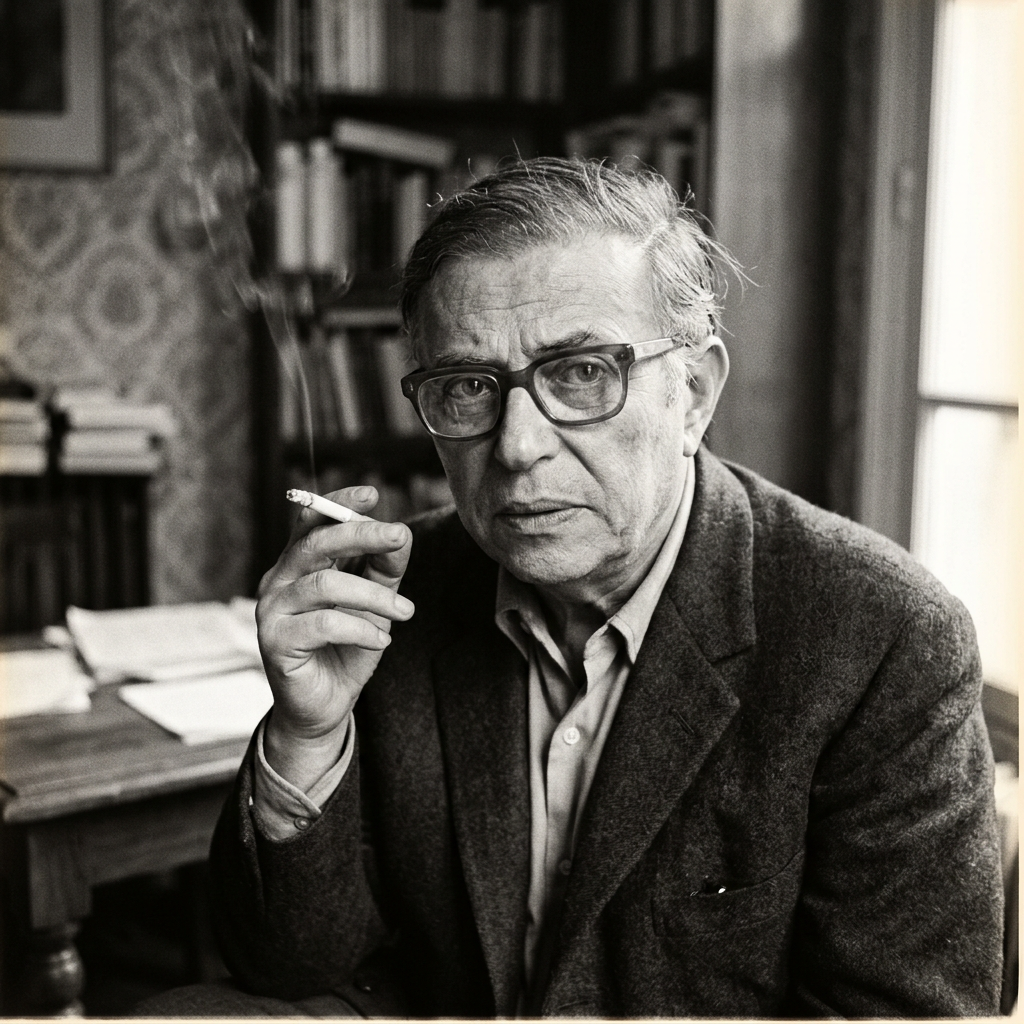 Older man with glasses holding a cigarette in a study room with books and papers