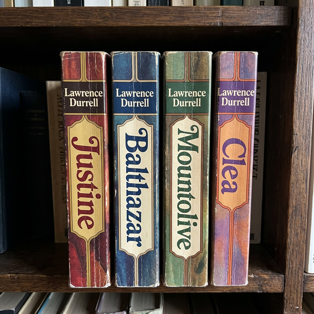 Four books titled Justine, Balthazar, Mountolive, and Clea by Lawrence Durrell.