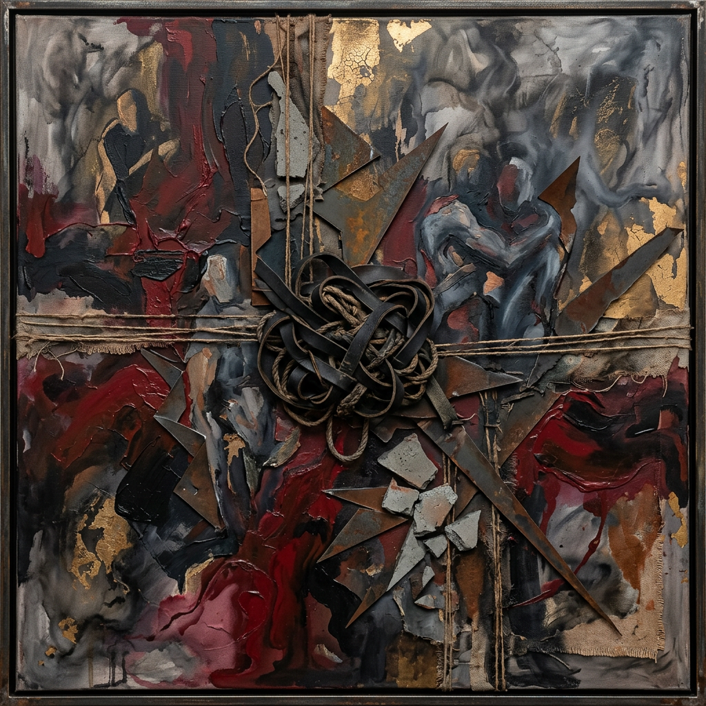 Mixed media abstract artwork with rusty metal shards, intertwined ropes, and red and gold paint