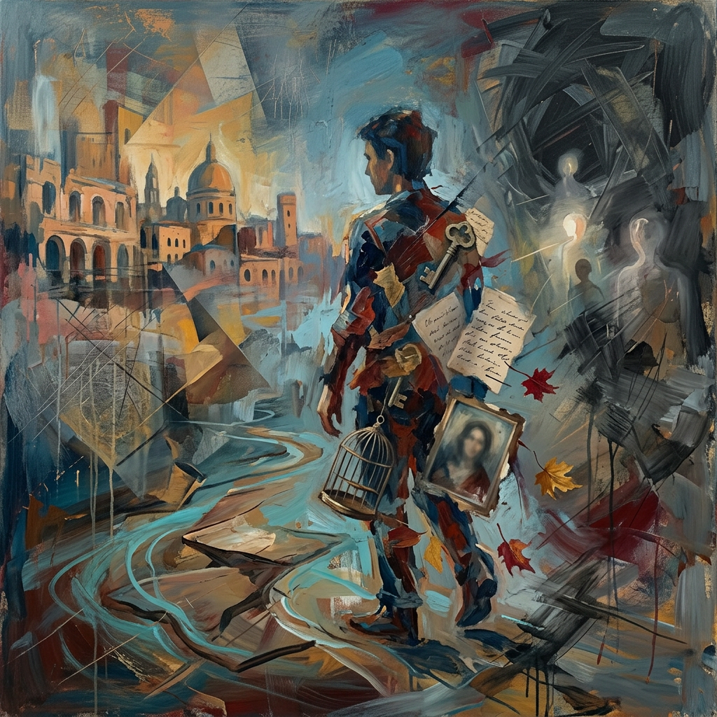 A person walking through a dreamlike urban landscape holding a birdcage, keys, handwritten letters, and a portrait, with ghostly figures in the background.
